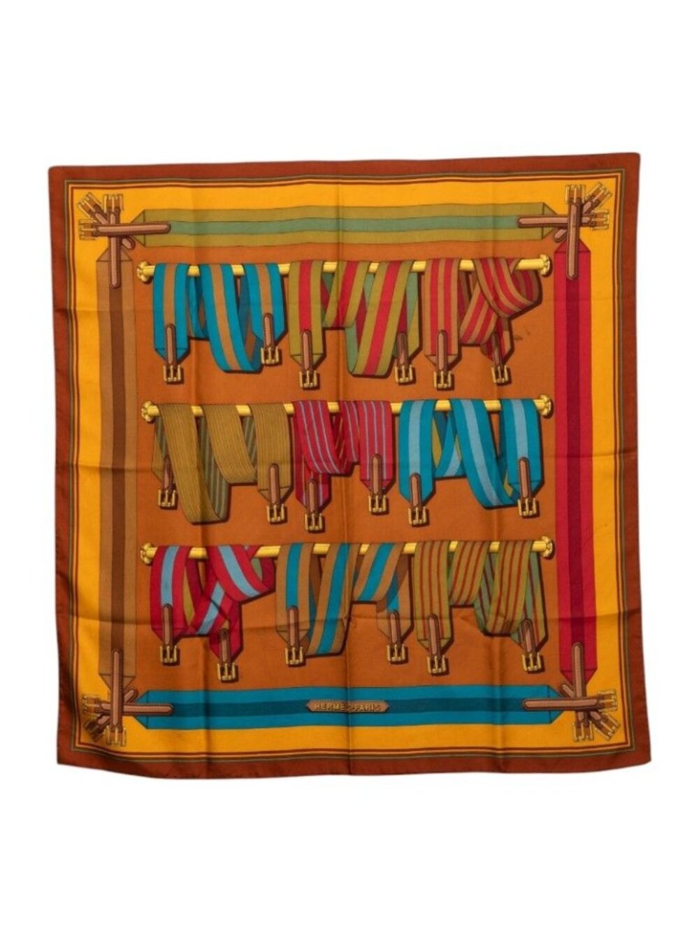 Hermes Carre 90 les Sangles Scarf Brown Silk